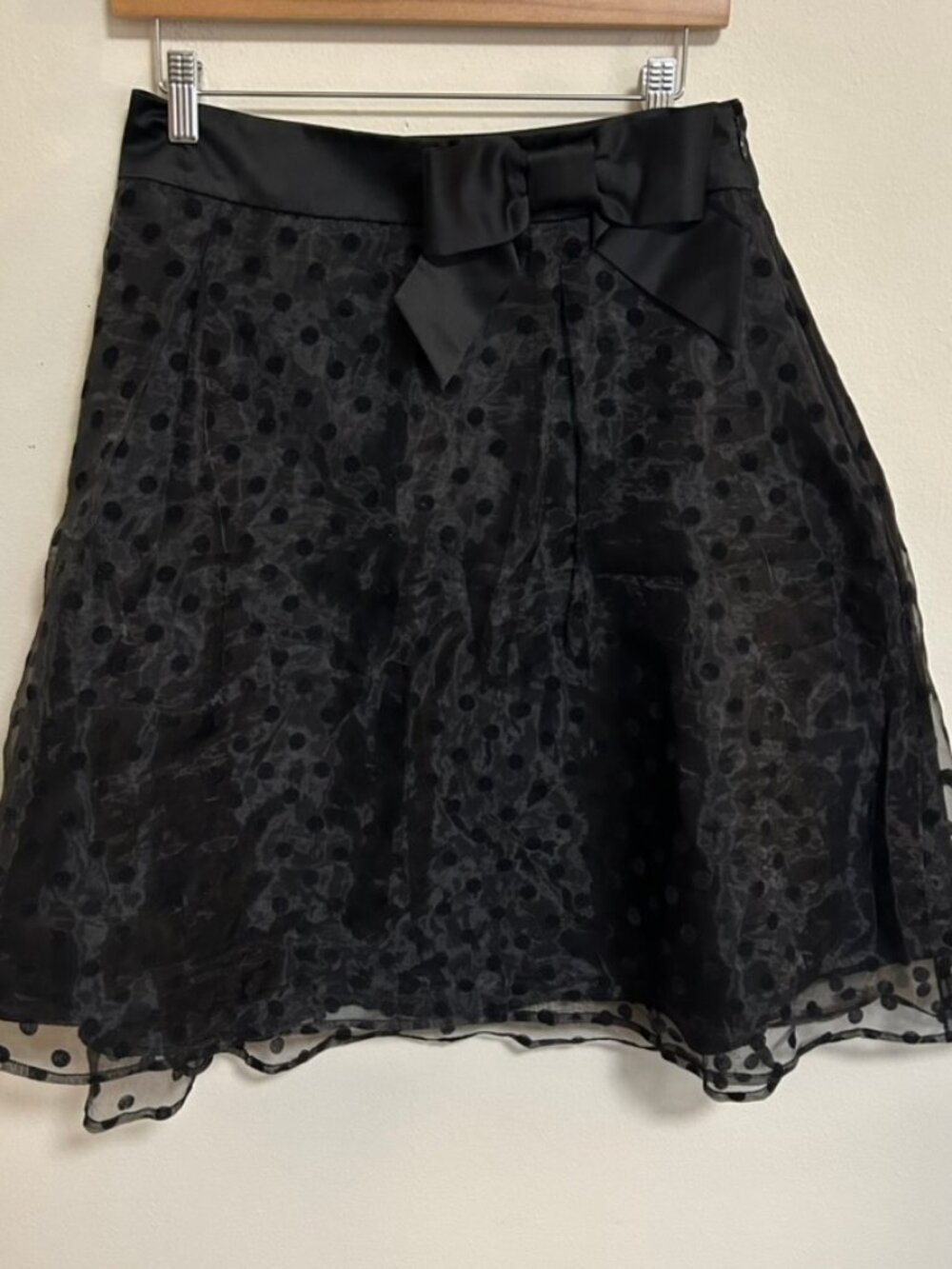 Elle Black Polkadot Sheer Overlay Elegant Knee Length A-Line Skirt Bow Sz 6 EUC